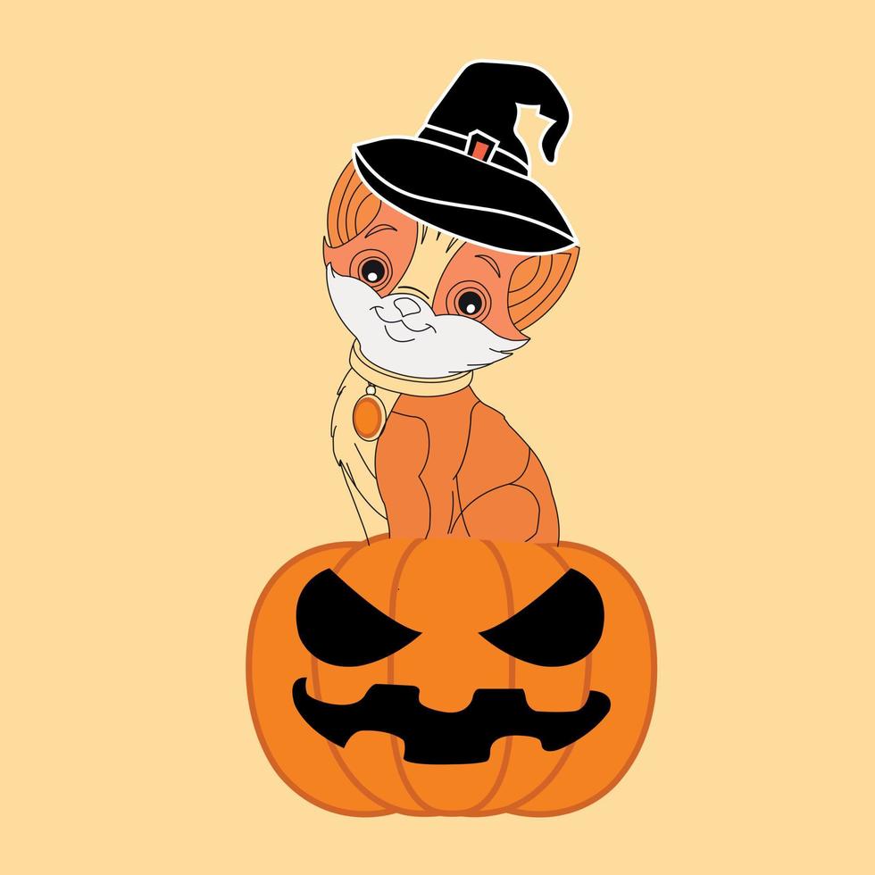 Halloween cat sitting on pumpkin with smile on face vector illustration
