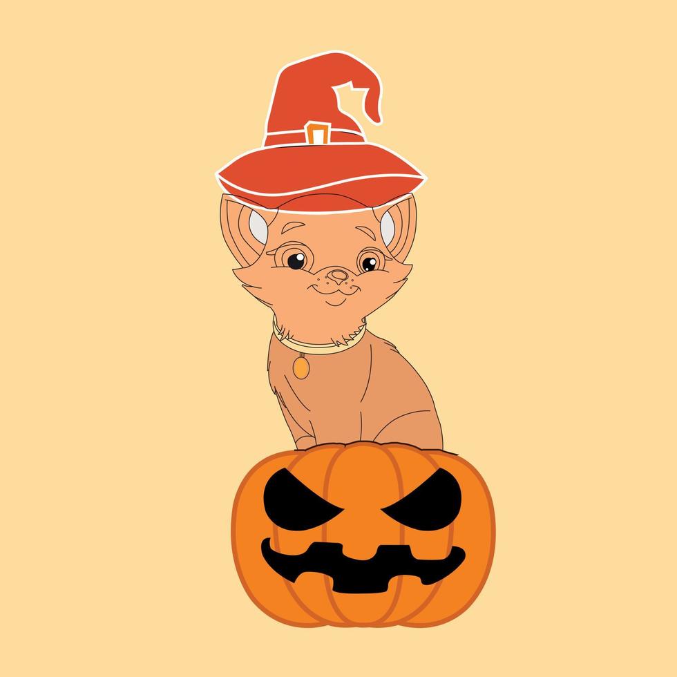 Halloween cat sitting on pumpkin with smile on face vector illustration