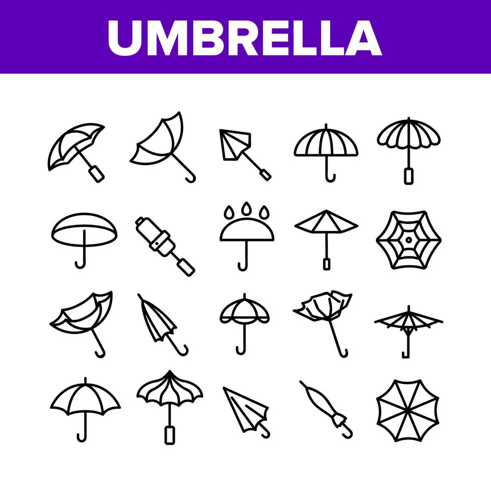 Umbrella Rain Protect Collection Icons Set Vector