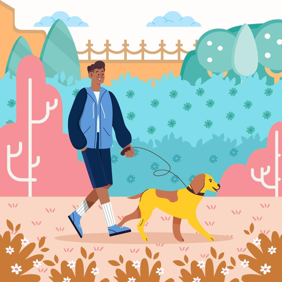 Man And His Dog Walk In Park Concept vector