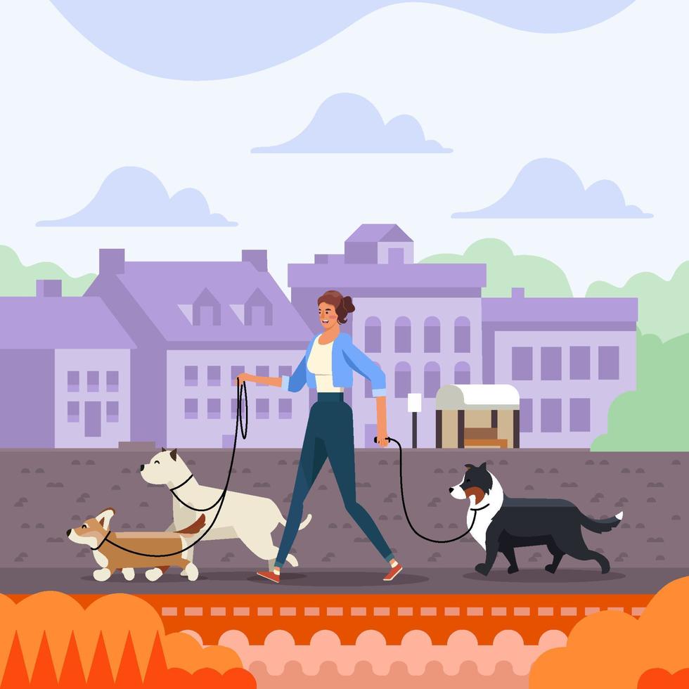 Girl Take Walk Her Dogs Concept vector