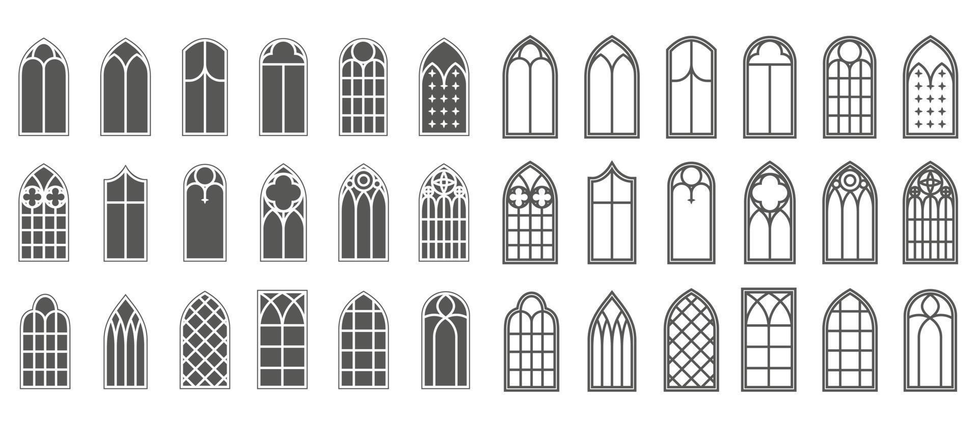 conjunto de ventanas de la iglesia. siluetas de arcos góticos en estilo clásico de línea y glifo. viejos marcos de vidrio de catedral. elementos interiores medievales. vector