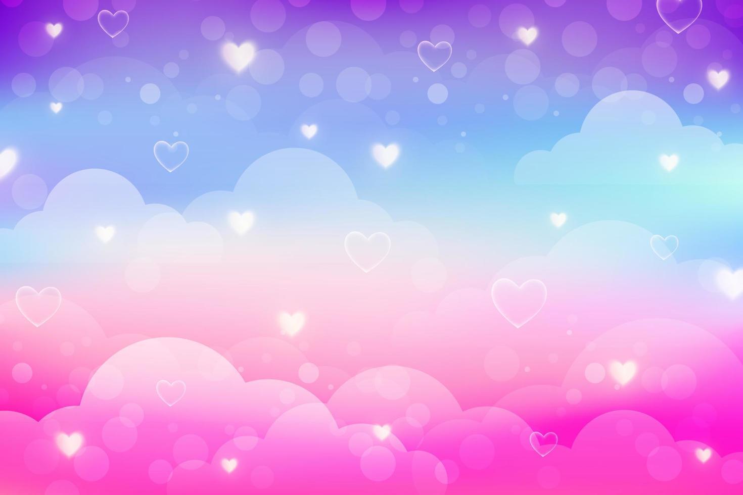 Rainbow unicorn background with clouds stars and hearts. Pastel color sky. Magical landscape, abstract fabulous pattern. Cute candy wallpaper. Vector. vector