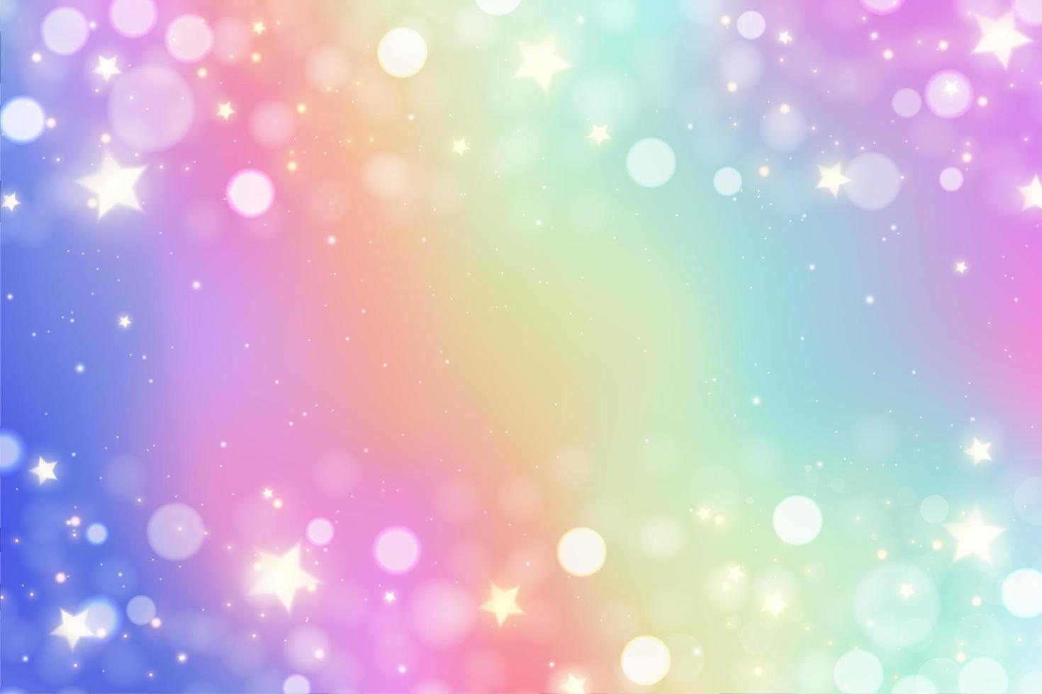 fondo de brillo de arco iris de unicornio con destellos en colores pastel. diseño de acuarela iridiscente. holograma degradado con estrellas y bokeh. ilustración vectorial vector