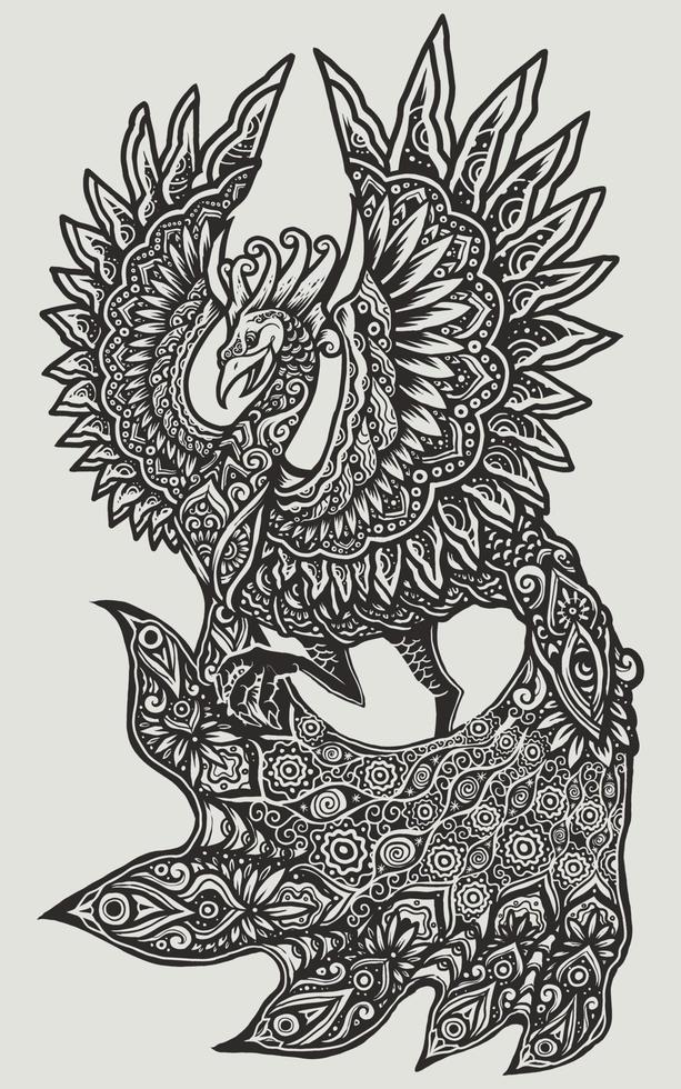 el fénix pavo real negro blanco mandala ilustración vector