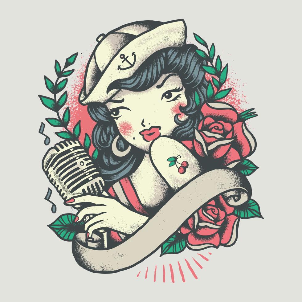 pinup marinero chica vintage tatuaje estilo ilustración vector