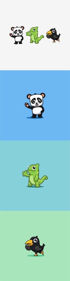 Square Panda, chameleon and  crow character design with outline vector