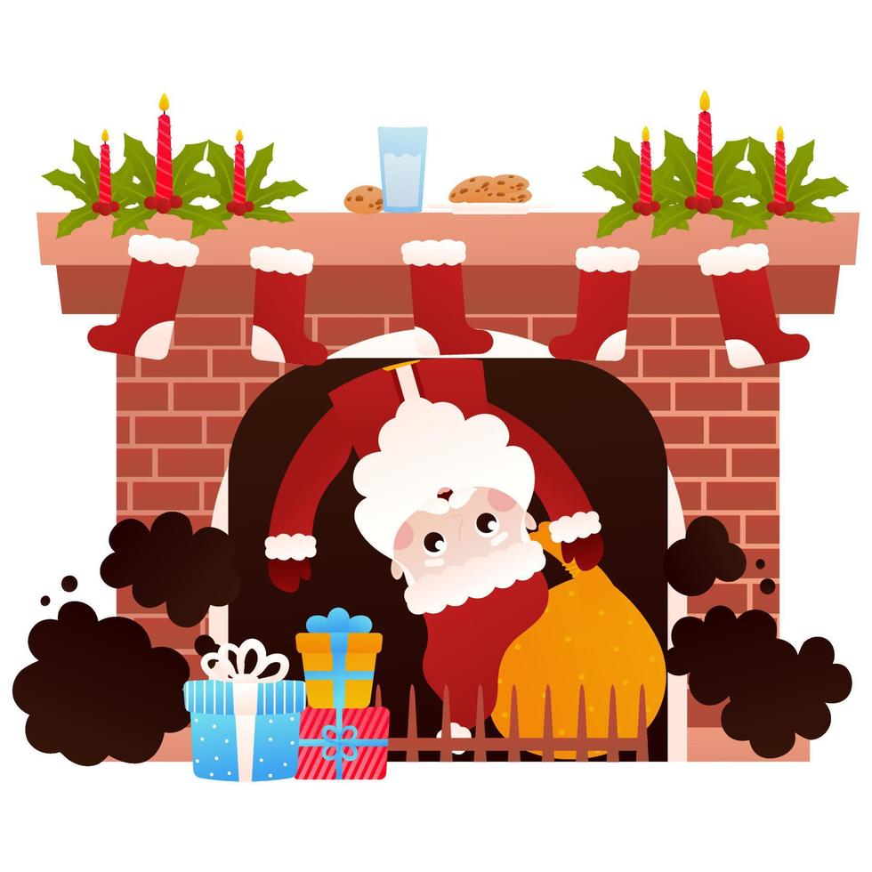 Santa Claus character descends from christmas fireplace with bag of gifts in cartoon style on white background vector