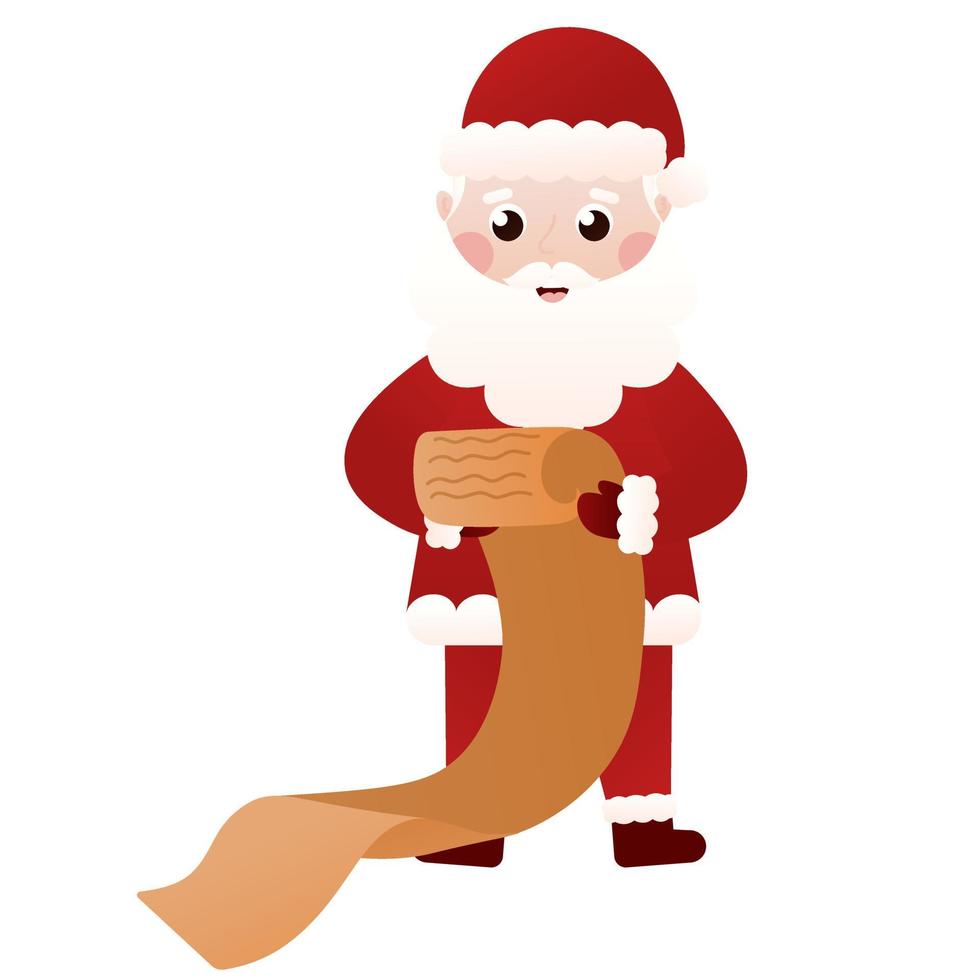 Santa Claus character holding paper scroll in cartoon style on white background, christmas clip art for poster design vector