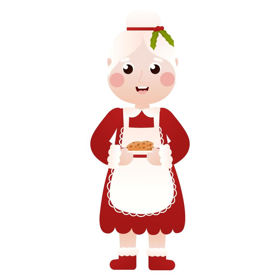 Mrs Santa Claus character holding christmas cookies in cartoon style on white background, art for poster design vector