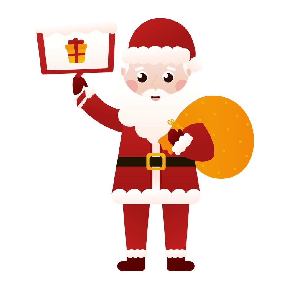 Santa Claus character holding sign with gift box in cartoon style on white background, Christmas clip art for poster vector