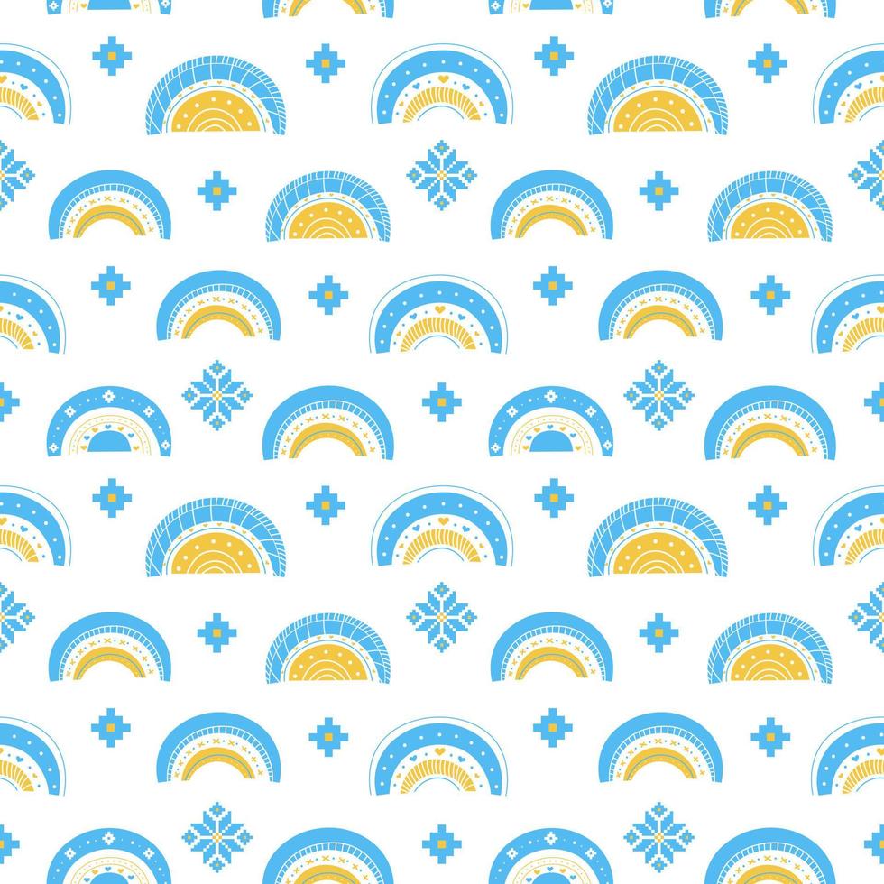 Seamless pattern with rainbows and embroidered elements in national blue and yellow colors on white background, stand with ukraine, design for packaging or textile print vector
