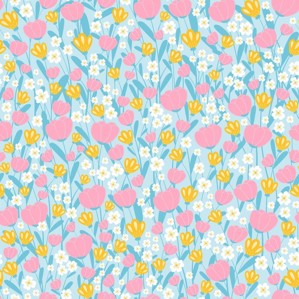 patrón floral de primavera sin costuras sobre fondo azul para diseño de superficie o papel de regalo, adorno de primavera vector