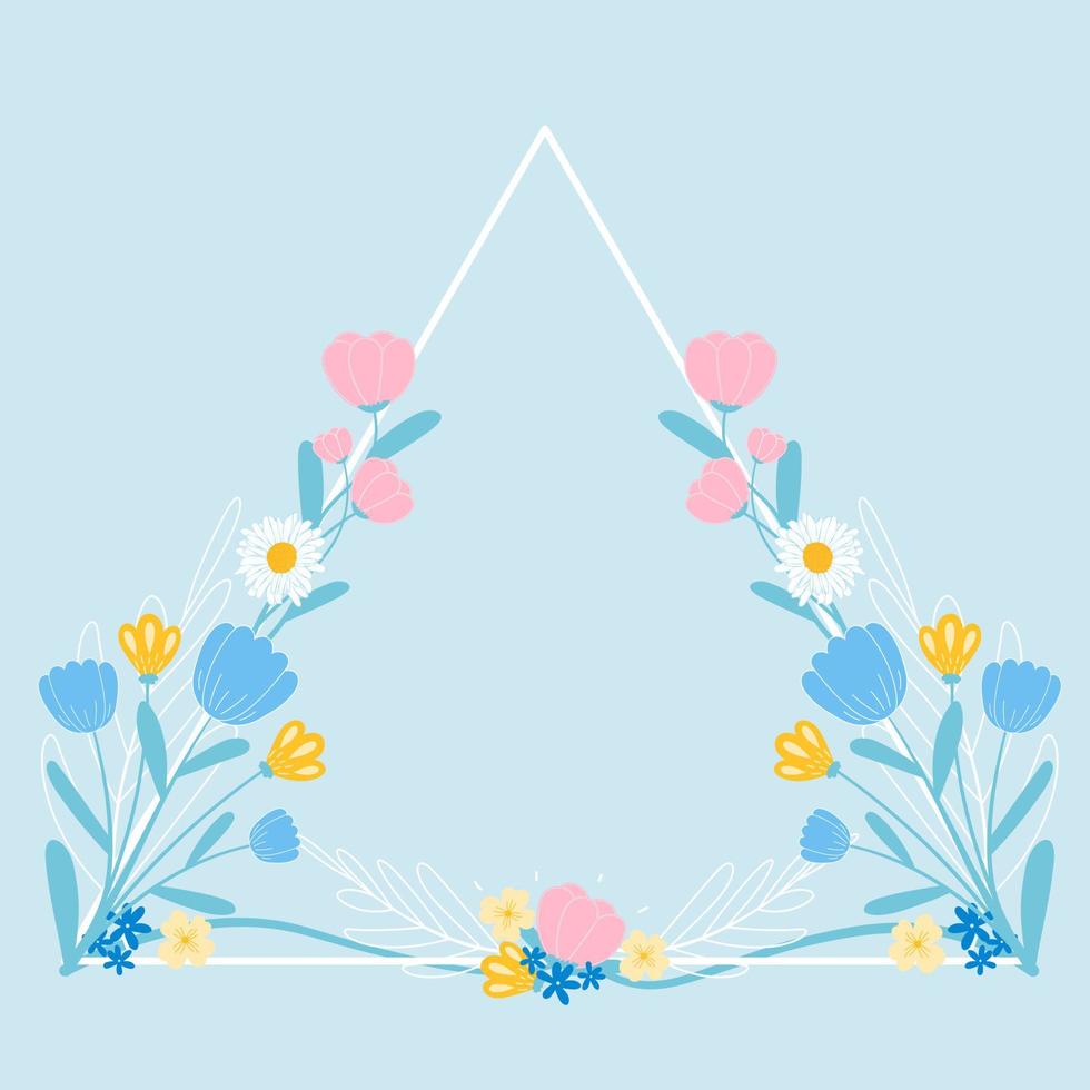 marco de triángulo floral para invitación de boda o plantilla de postales con fondo azul, flores de dibujo a mano vector