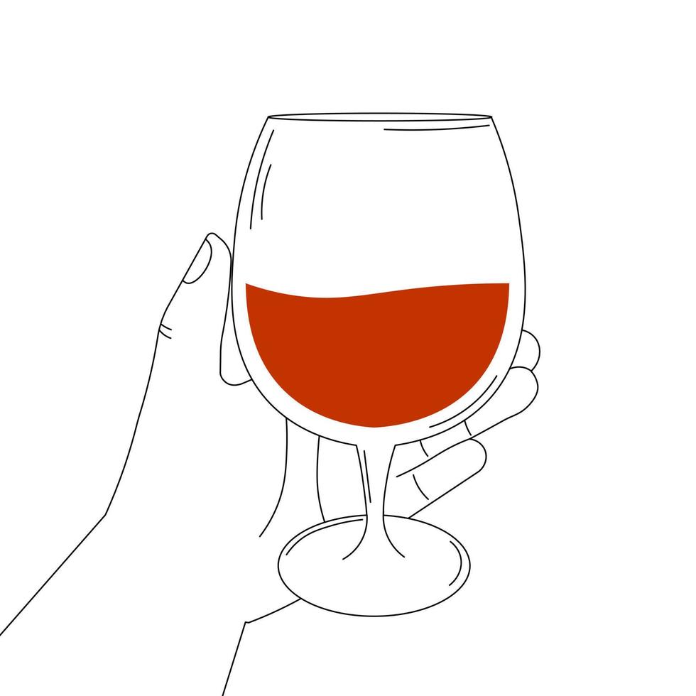 Hand holding glass of cognac on white background for pub logo or alcohol menu design in black and white style, time to relax concept vector