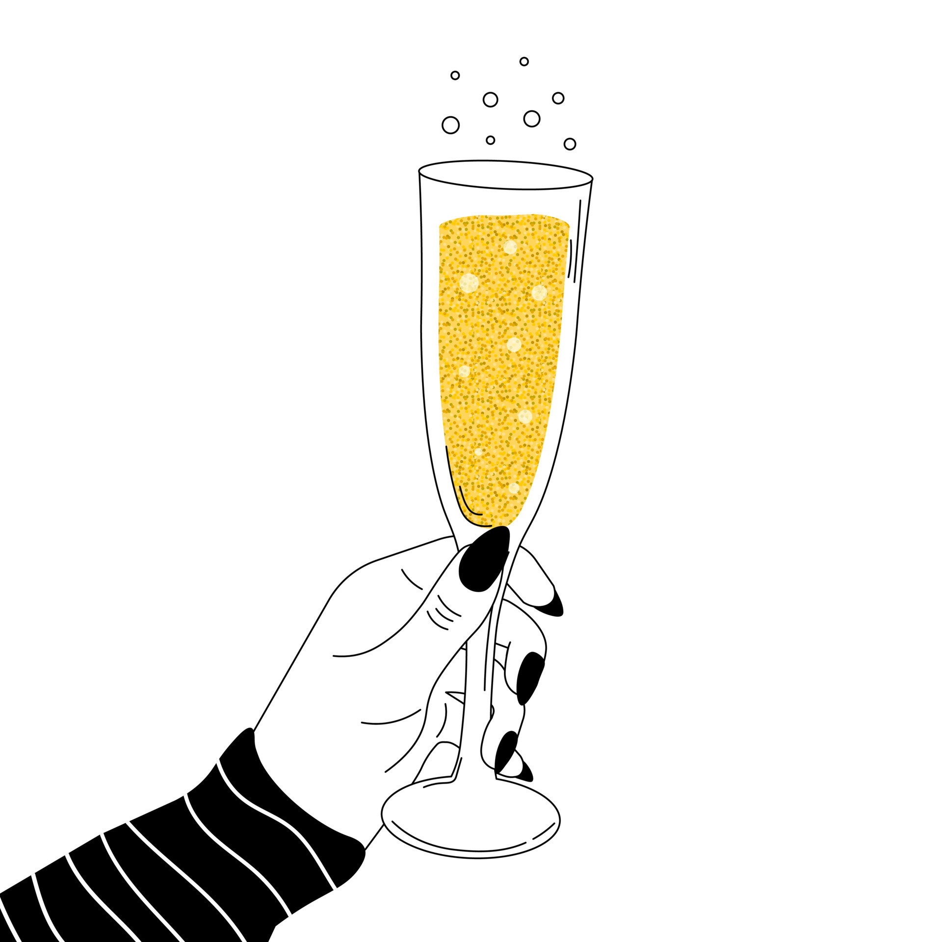 https://static.vecteezy.com/system/resources/previews/010/407/251/original/woman-hand-holding-glass-of-champagne-glitter-and-bubbles-in-black-and-white-style-party-celebration-vector.jpg