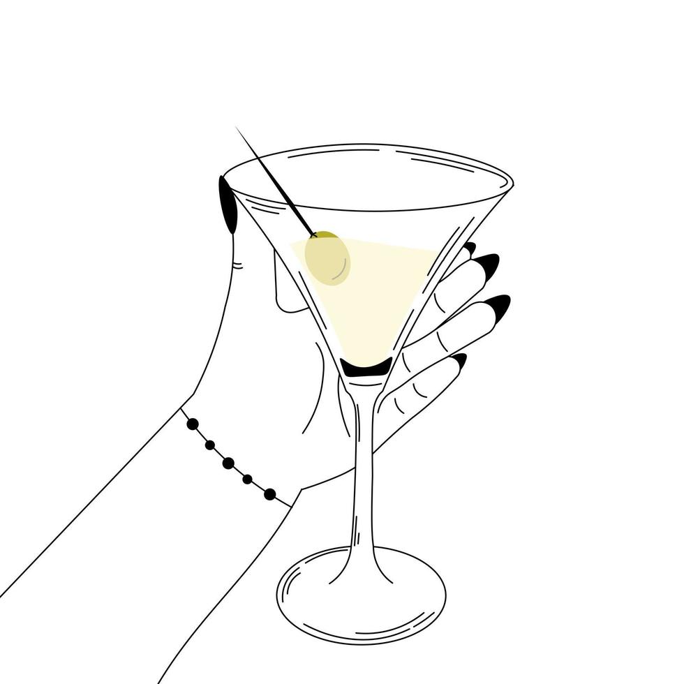 mano de mujer sosteniendo copa de martini, fiesta de cumpleaños en estilo blanco y negro sobre fondo blanco, tiempo para relajarse concepto vector