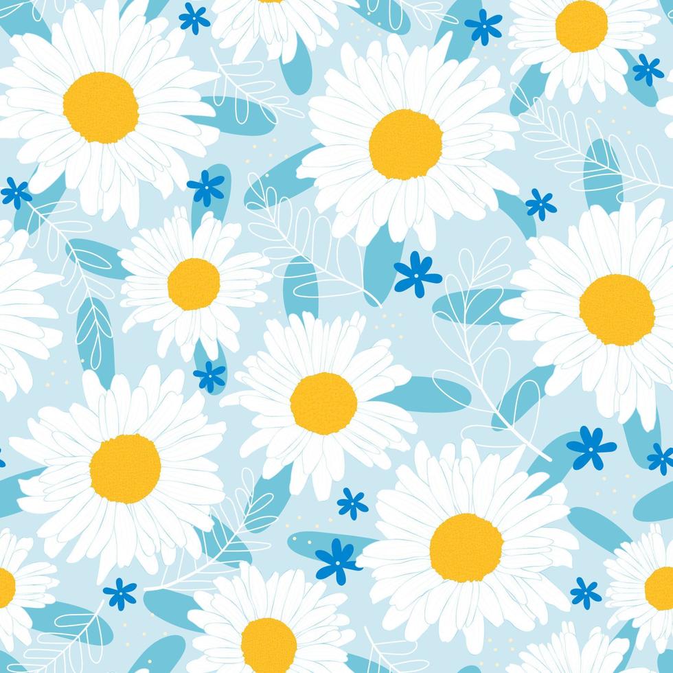 patrón floral transparente con margarita, hojas sobre fondo azul para diseño de superficie o papel de regalo, adorno de primavera vector