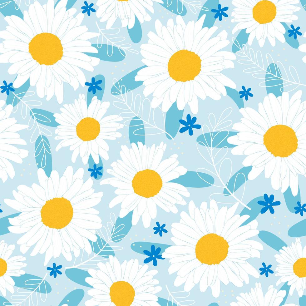 Seamless floral pattern with daisy, leaves on blue background for surface design or wrapping paper, spring ornament vector