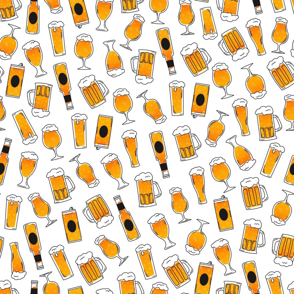 Beer seamless pattern with glasses, bottles, cans and jugs of beer, ornament for brewery design or pub menu in cartoon style on white background vector