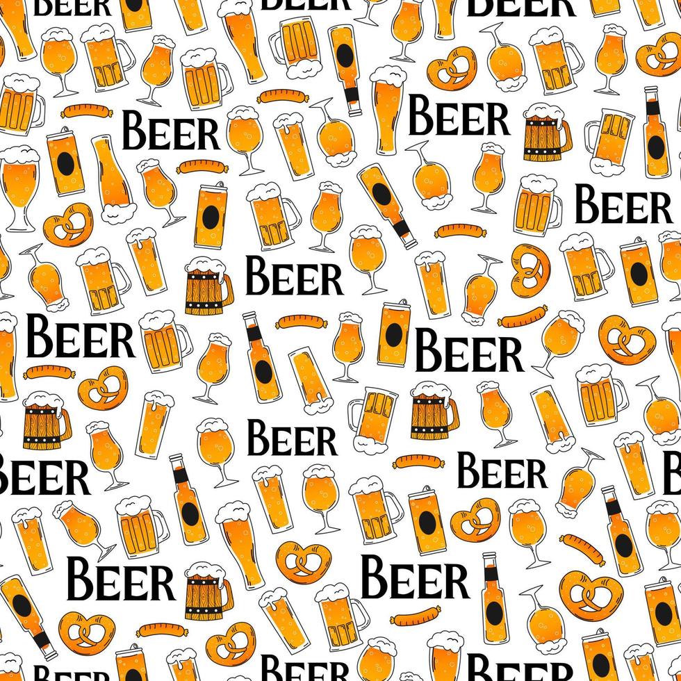 Beer seamless pattern with glasses, bottles, cans and jugs of beer and beer lettering, ornament for brewery design or pub menu in cartoon style on white background vector