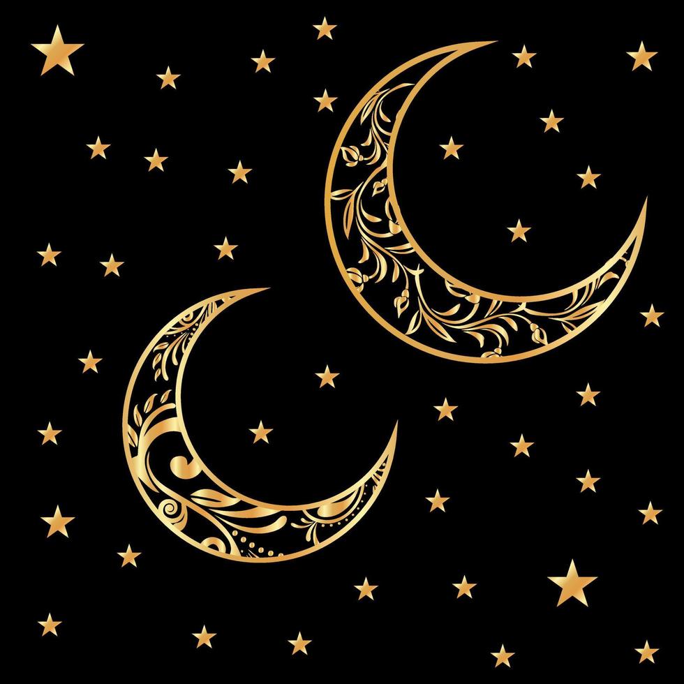Collection of shiny gold crescent moon and stars vector