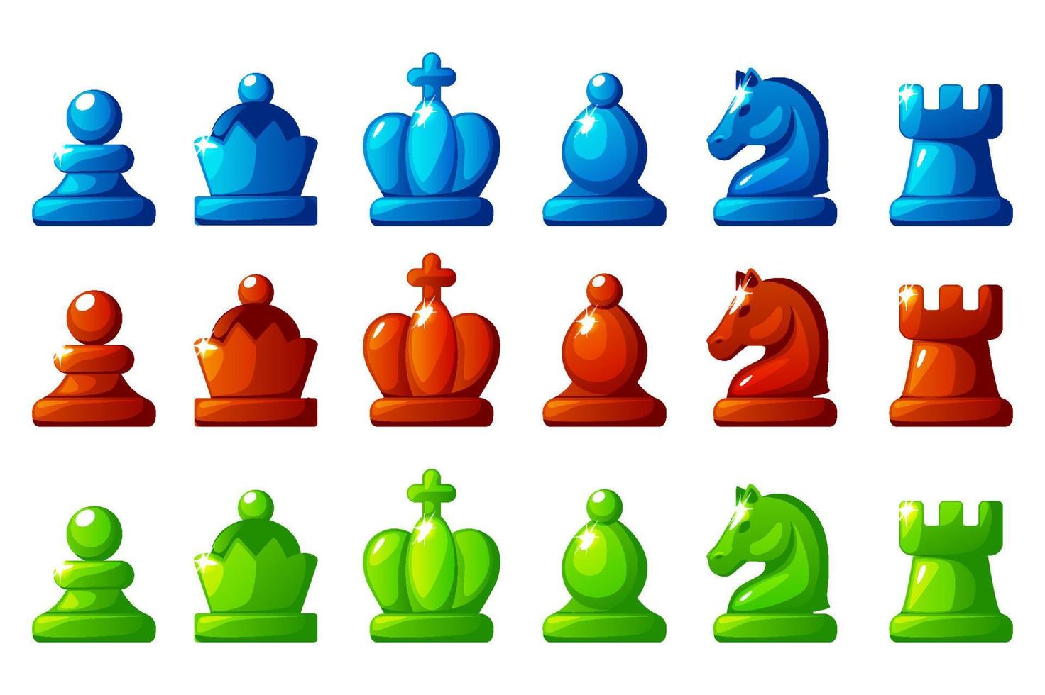 Set of colored chess figures. Blue, red and green set chess figures. vector