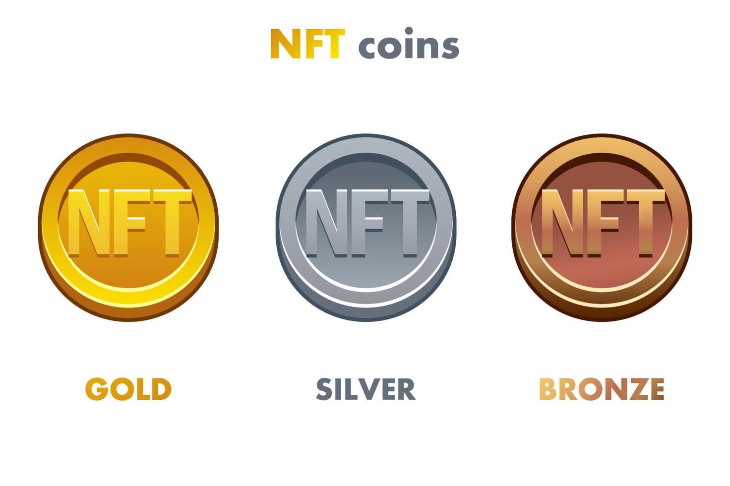 Monedas nft en diferentes metales. monedas de oro, plata y bronce. criptomoneda, moneda de internet nft-token del futuro vector