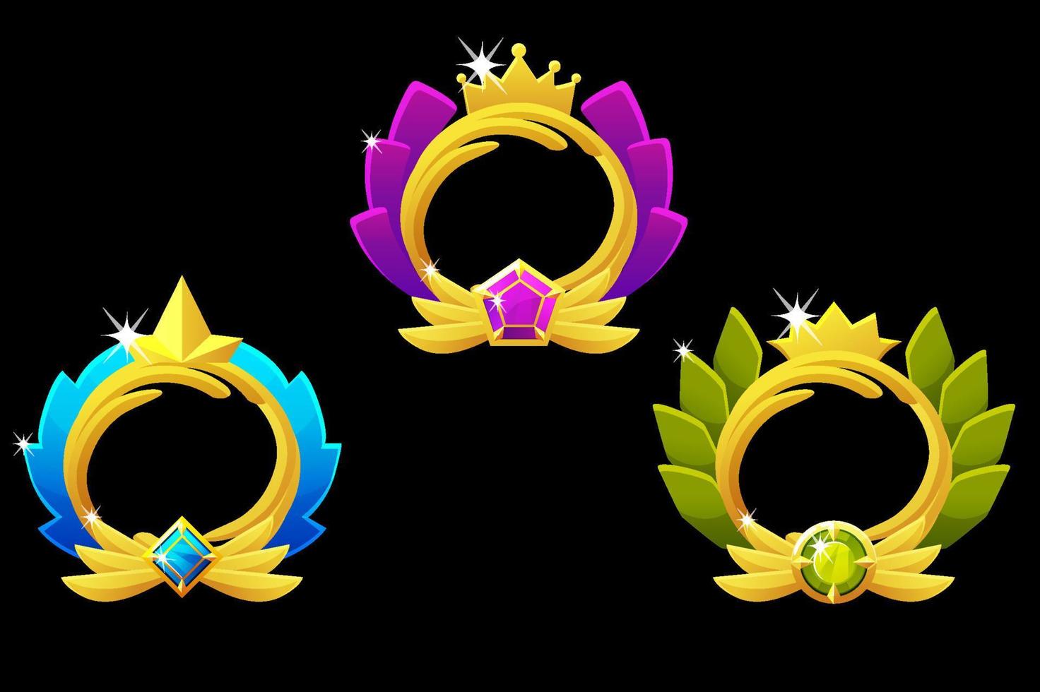 Gold game avatars, round frames with gem template for game. Vector illustration set empty gold frame for game graphic design.