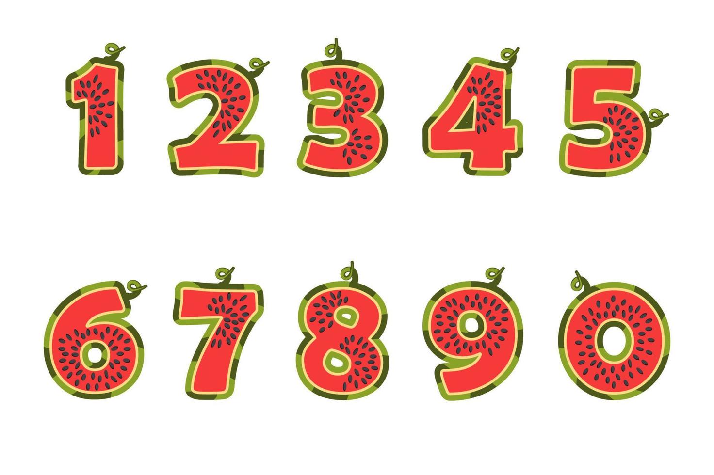 Watermelons cartoon juicy numbers for kids school ui. Vector illustration set of fruit red figures for a GUI.