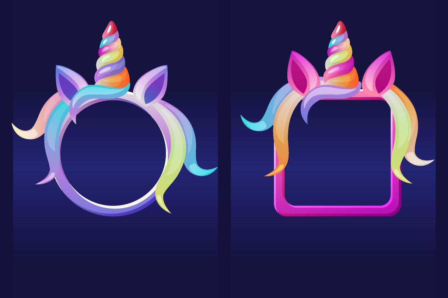 marcos de unicornios, avatares redondos y cuadrados de dibujos animados para diseño gráfico. conjunto de ilustraciones vectoriales lindas plantillas de cara de unicornio para juegos. vector