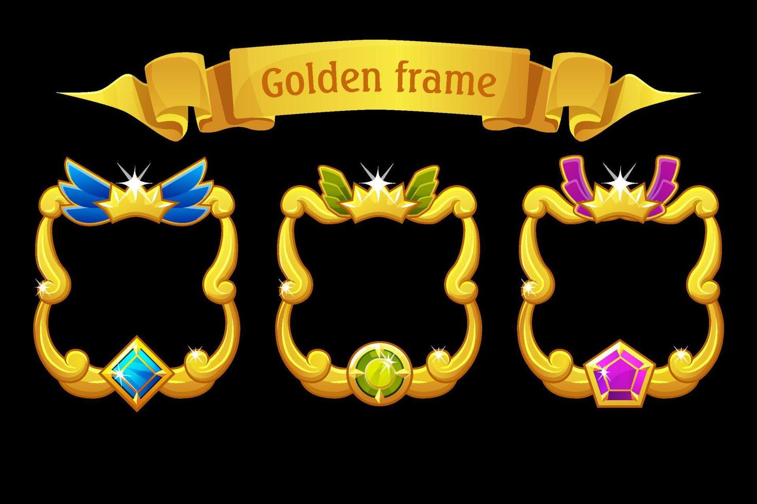 Gold frame with gem, square template with ribbon for ui game. Vector illustration set golden picture frame with diamond for graphic design.