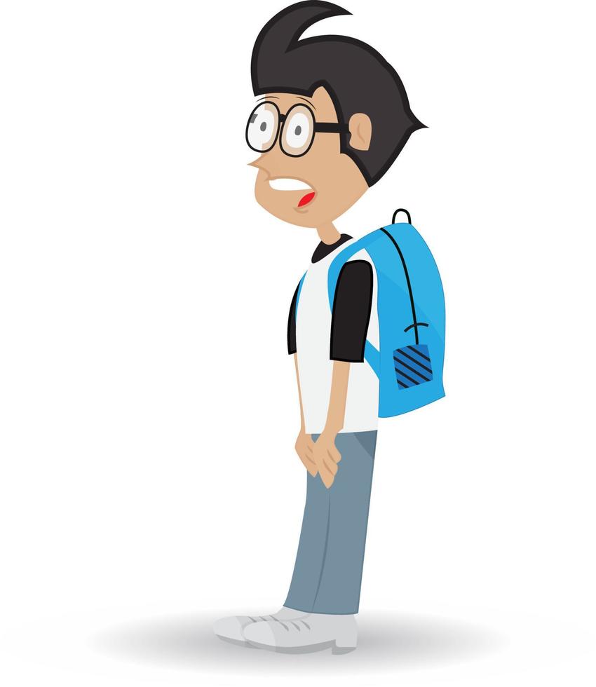 estudiante nerd de dibujos animados con bolsa con expresión impactante vector