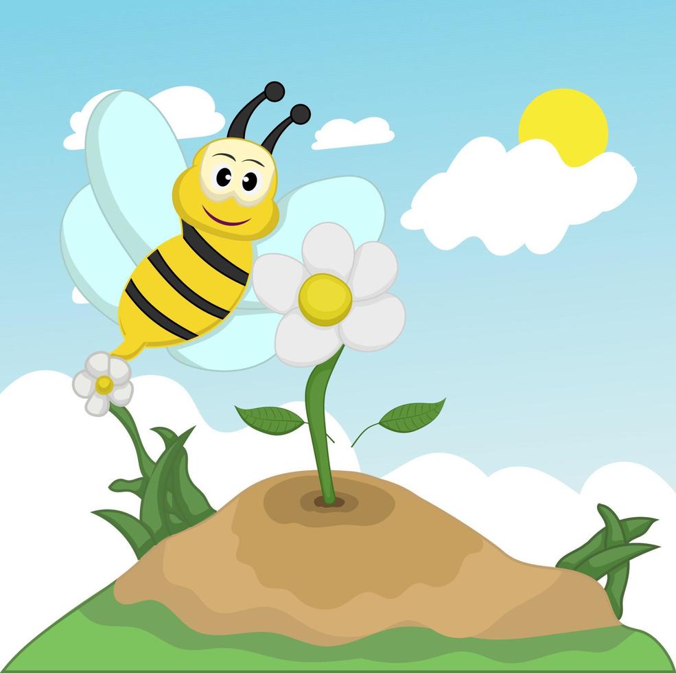cartoon honeybee flying above flower vector