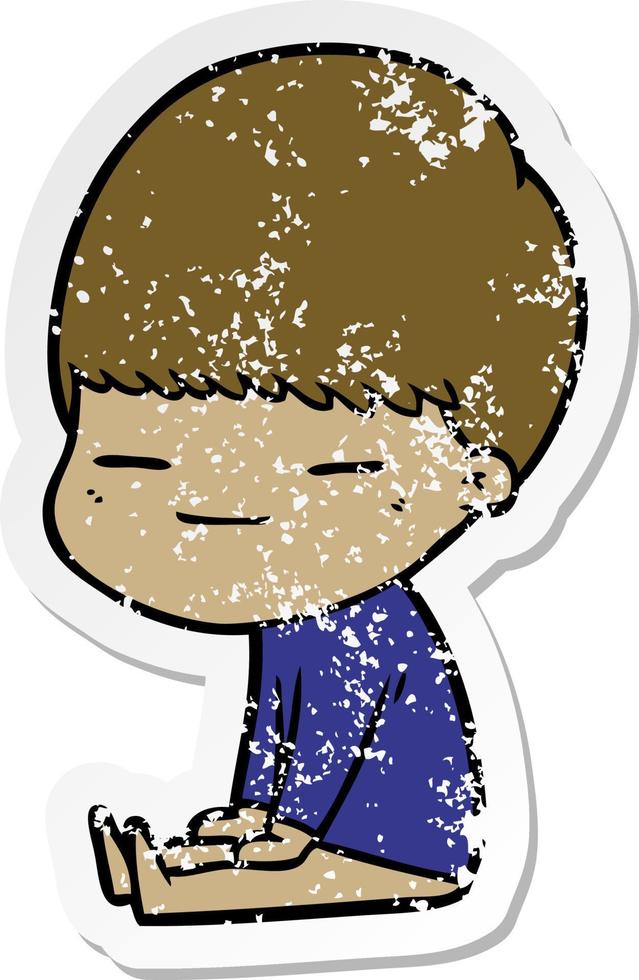 distressed sticker of a cartoon smug boy sitting vector