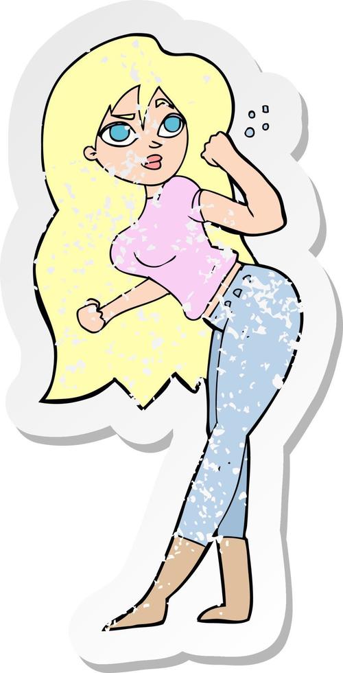 retro distressed sticker of a cartoon woman raising fist vector