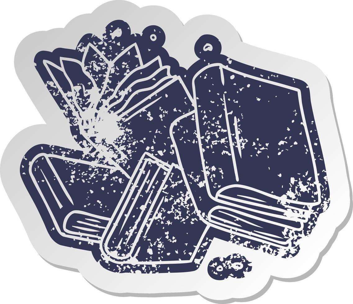 distressed old sticker of a collection of books vector