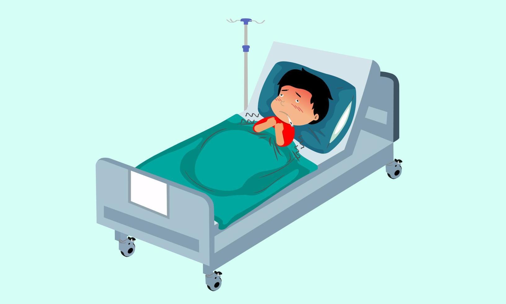 Boy being sick in hospital bed. Have a high fever. Sleep with pillows and blankets. vector