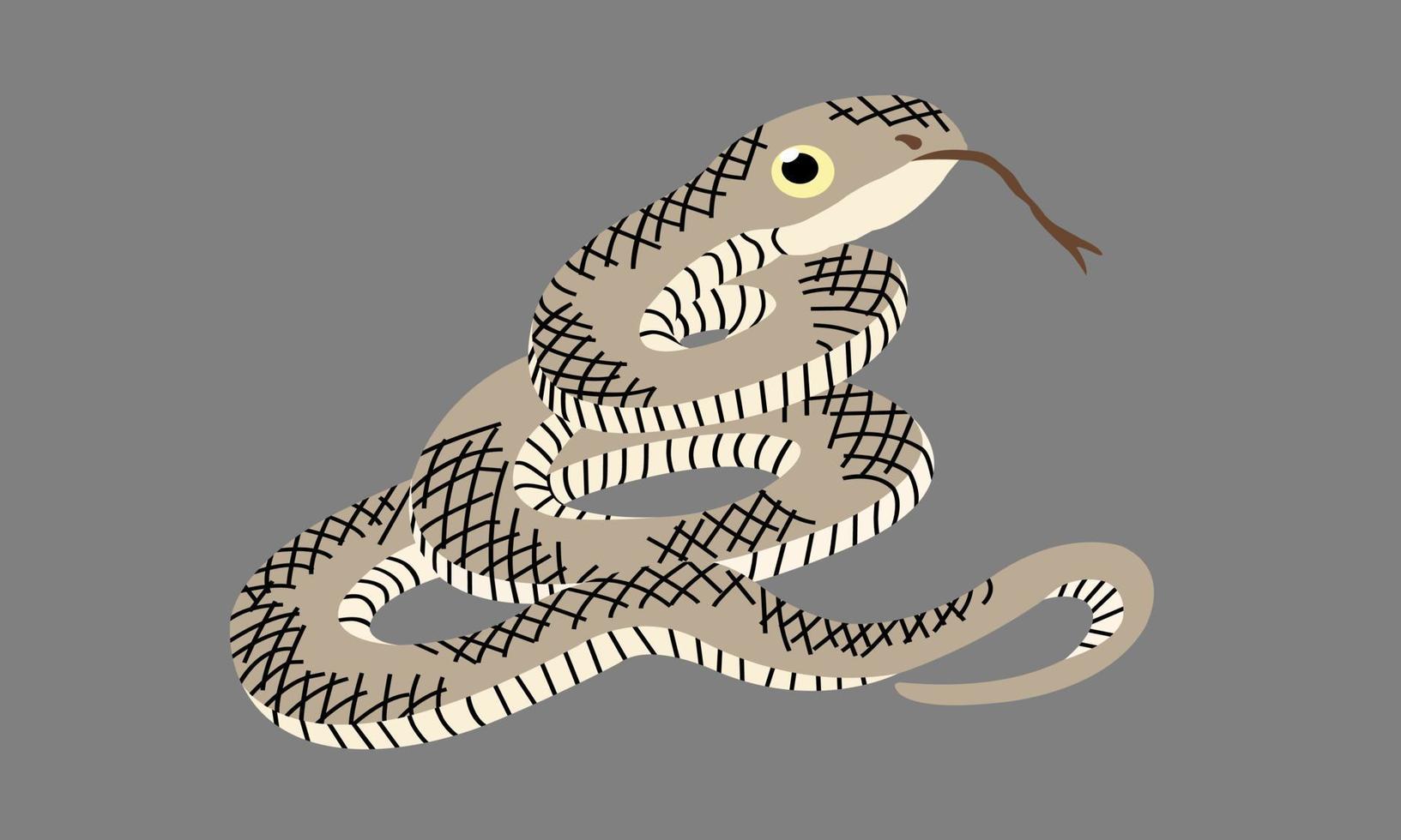 Cartoon snake protruding tongue, streaked brown body, eyes staring at prey. Vector image on a gray background.