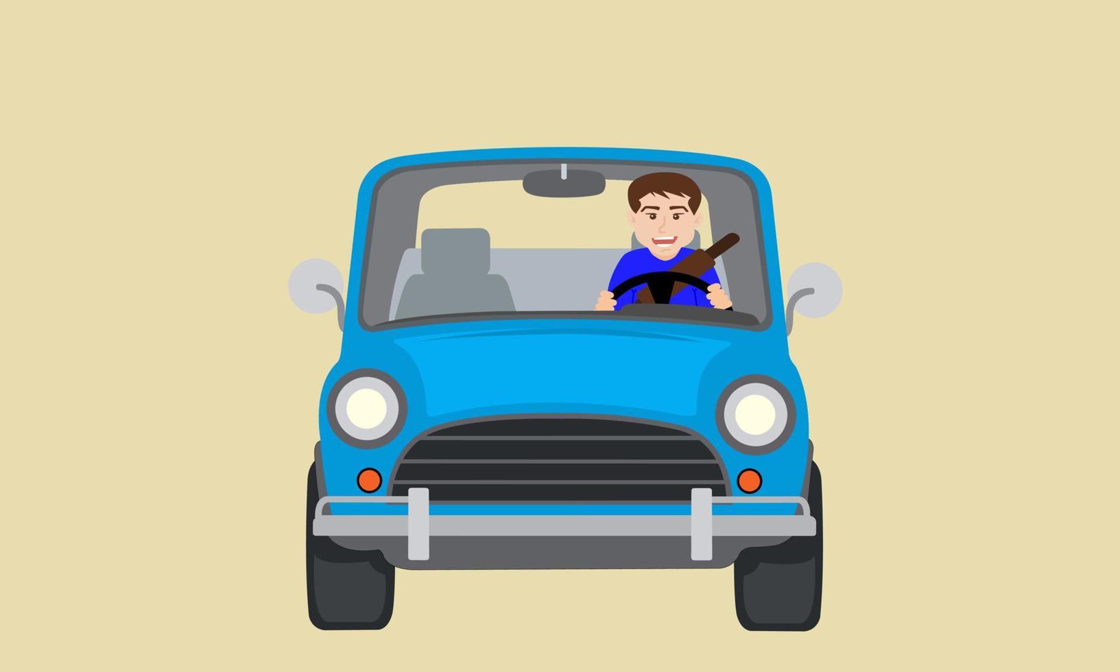 Happy young man driving blue car with side front view. Fasten seat belts. Safe driving. Vector illustration.