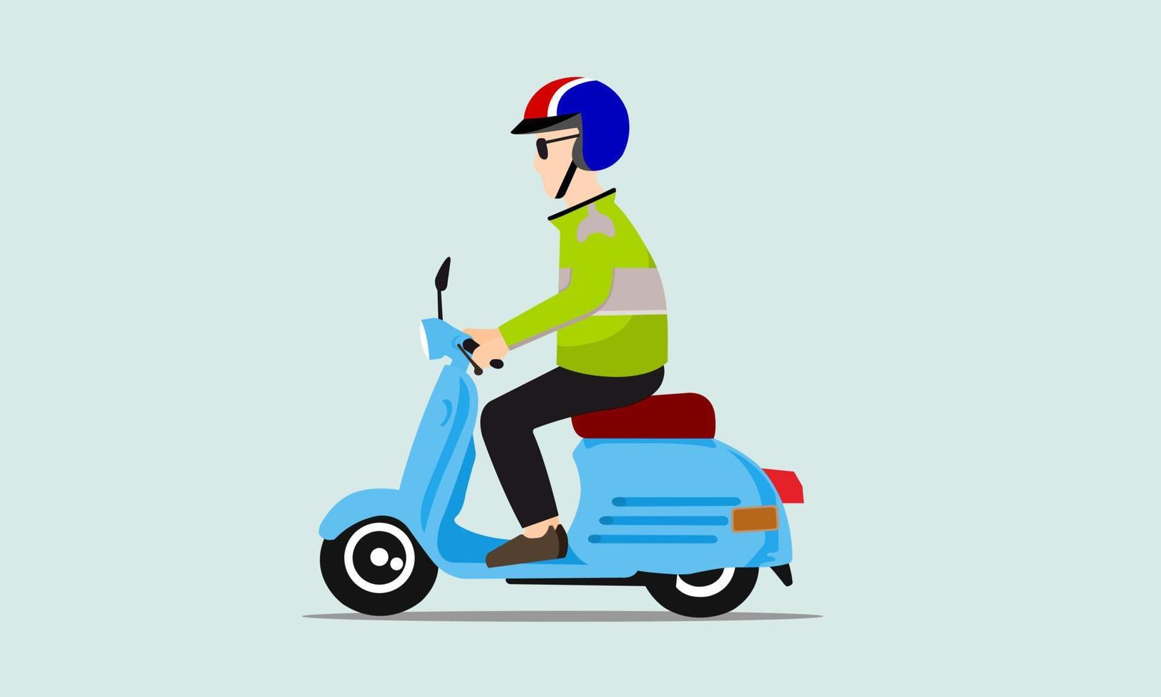 Man riding motorcycle wearing helmet. Cool blue vintage scooter. vector