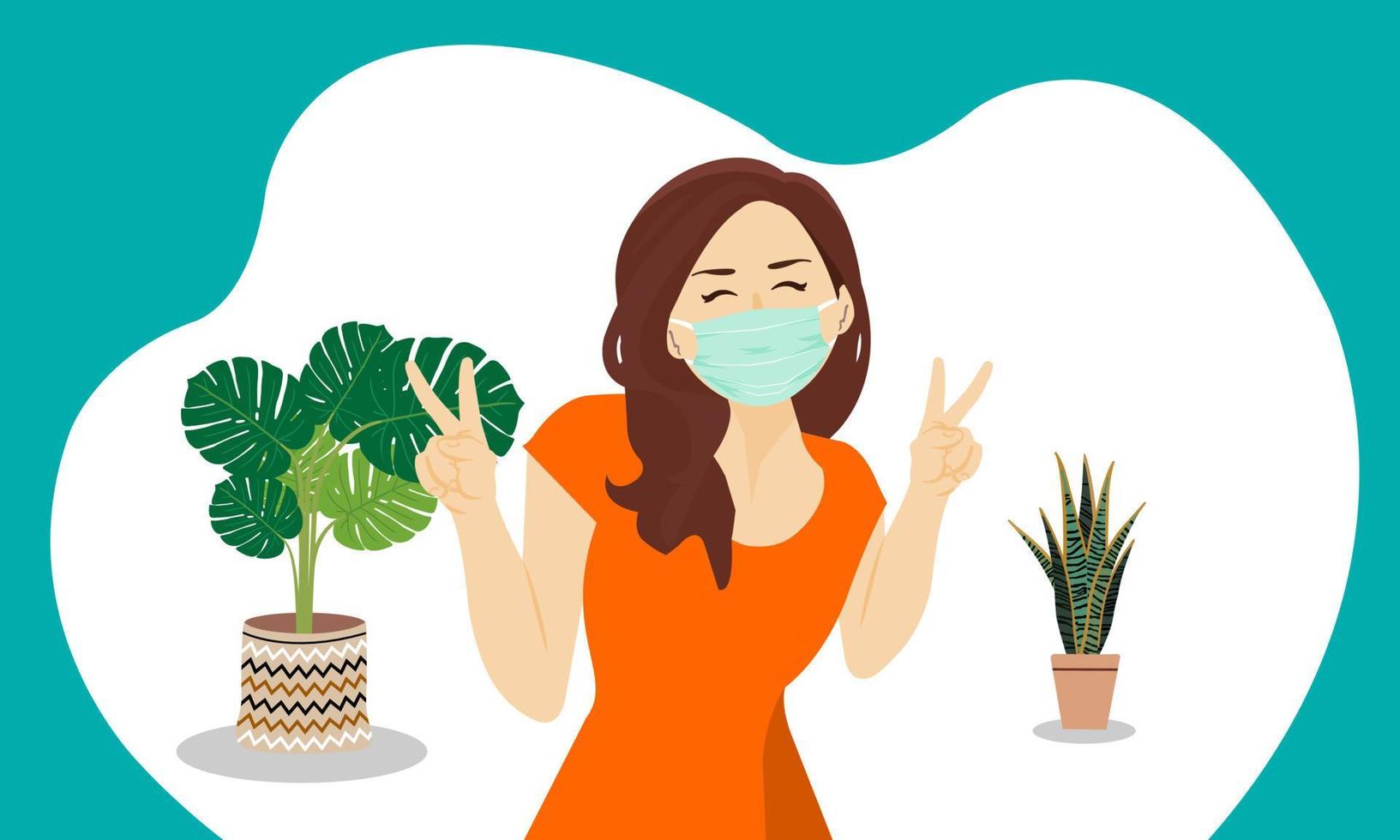 New normal lifestyle of people after the Coronavirus COVID 19 disease pandemic. Masked women are a good practice to protect.Left and right hand symbols V sign. Happy face. vector