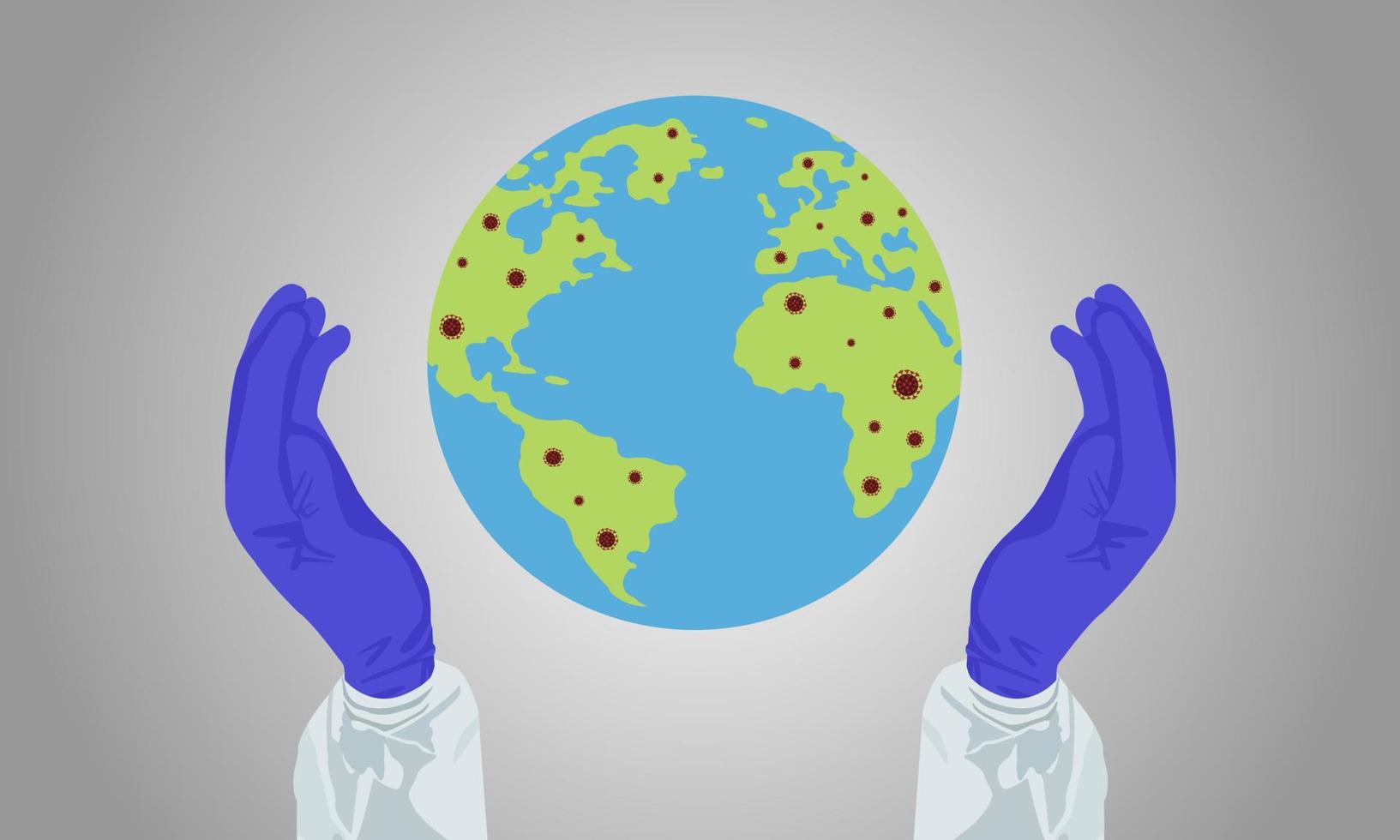 Take care, love and care for the world. Doctors use gloved hands to embrace the world to prevent coronavirus. vector