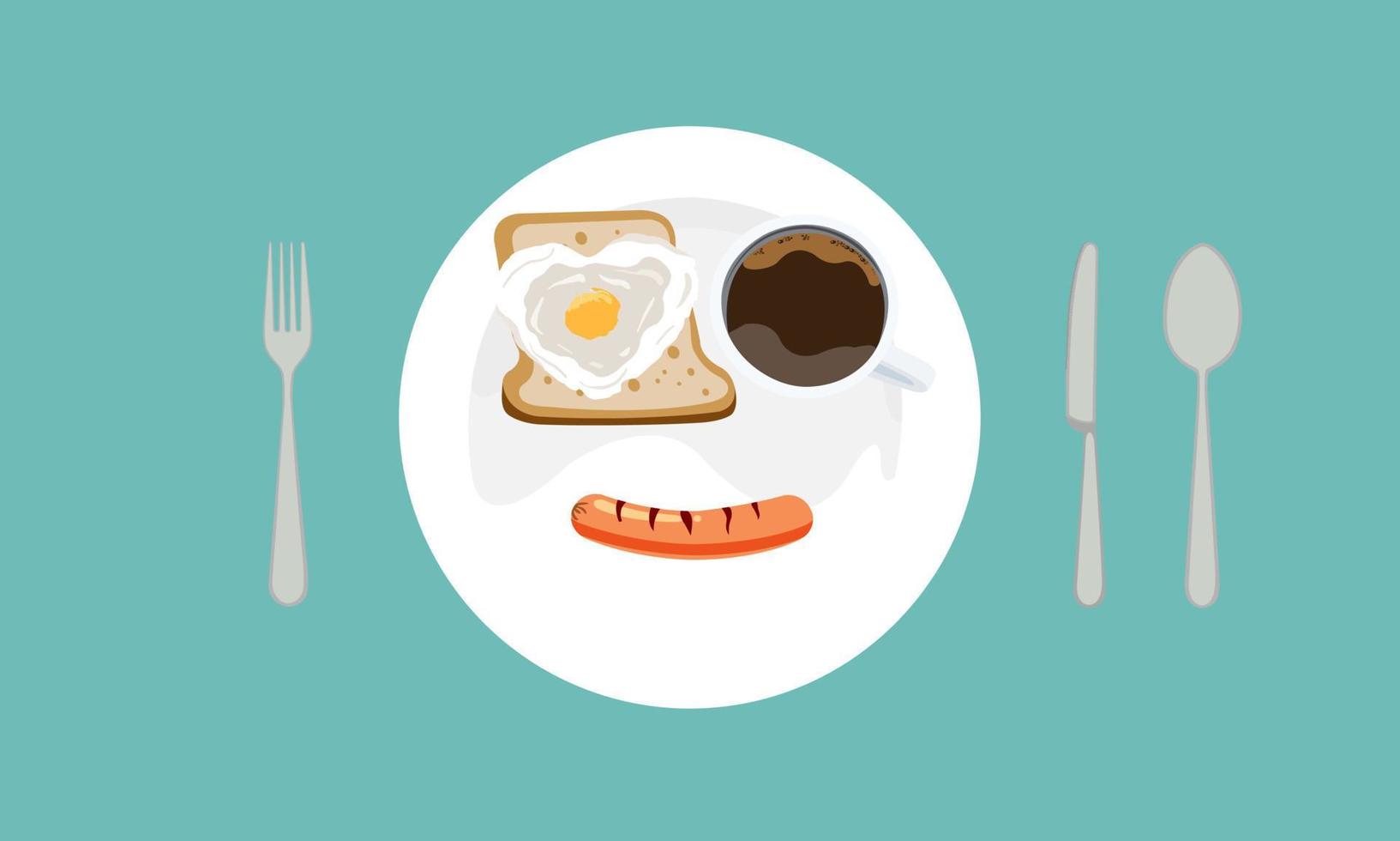 Sausage, toast, fried egg, heart shape and coffee on a plate. Delicious breakfast concept. vector