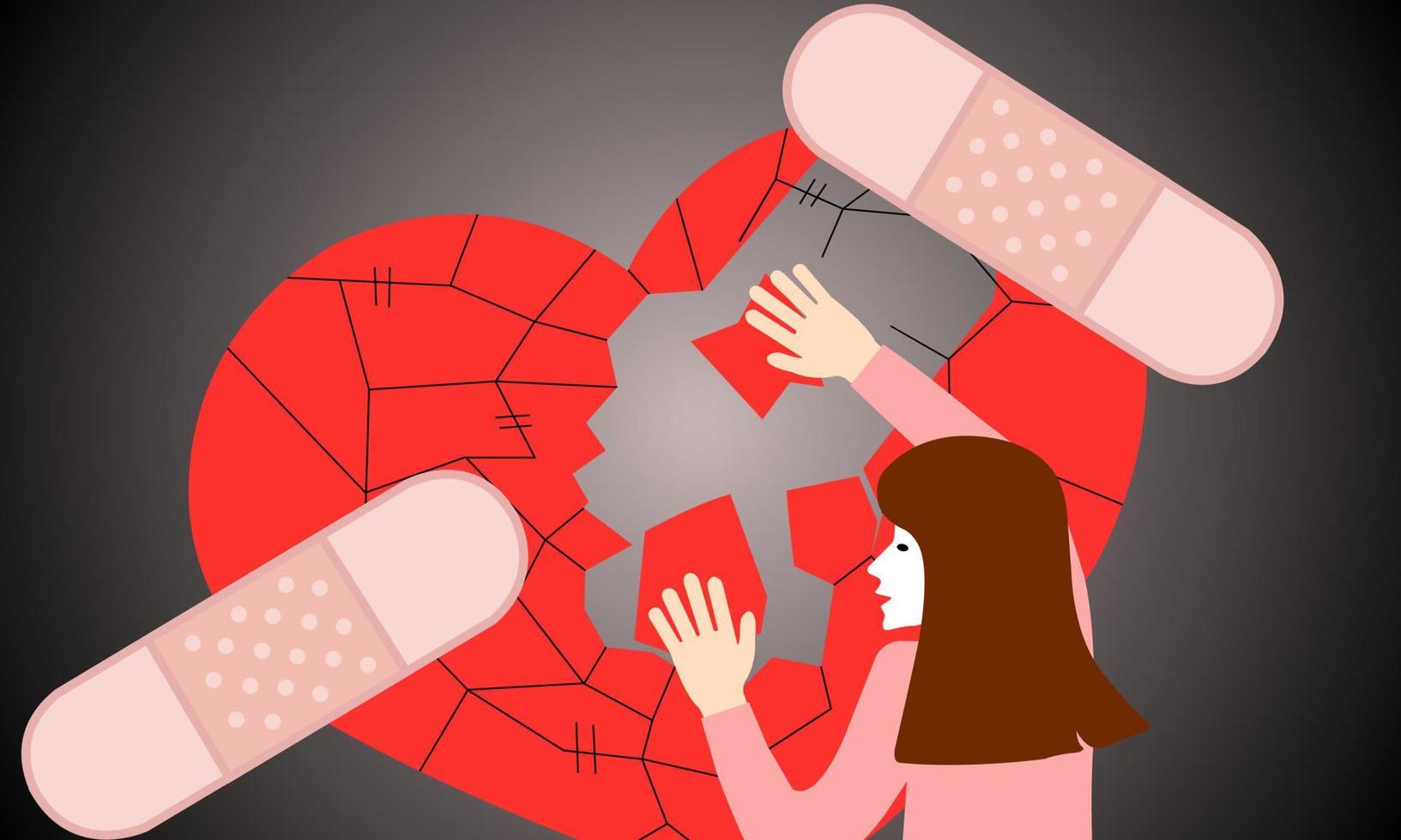 Concept of taking care of self improvement from disappointment and regret. Young woman is assembling picture and applying plaster to cover broken heart. vector