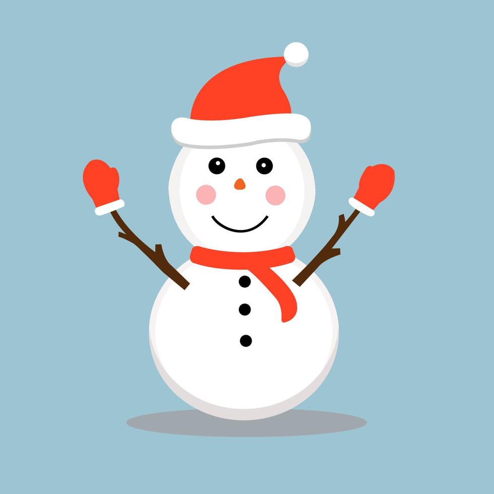 Snowman, pink cheek. Santa claus hat, red scarf and snowflakes. Cute cartoon funny character. vector