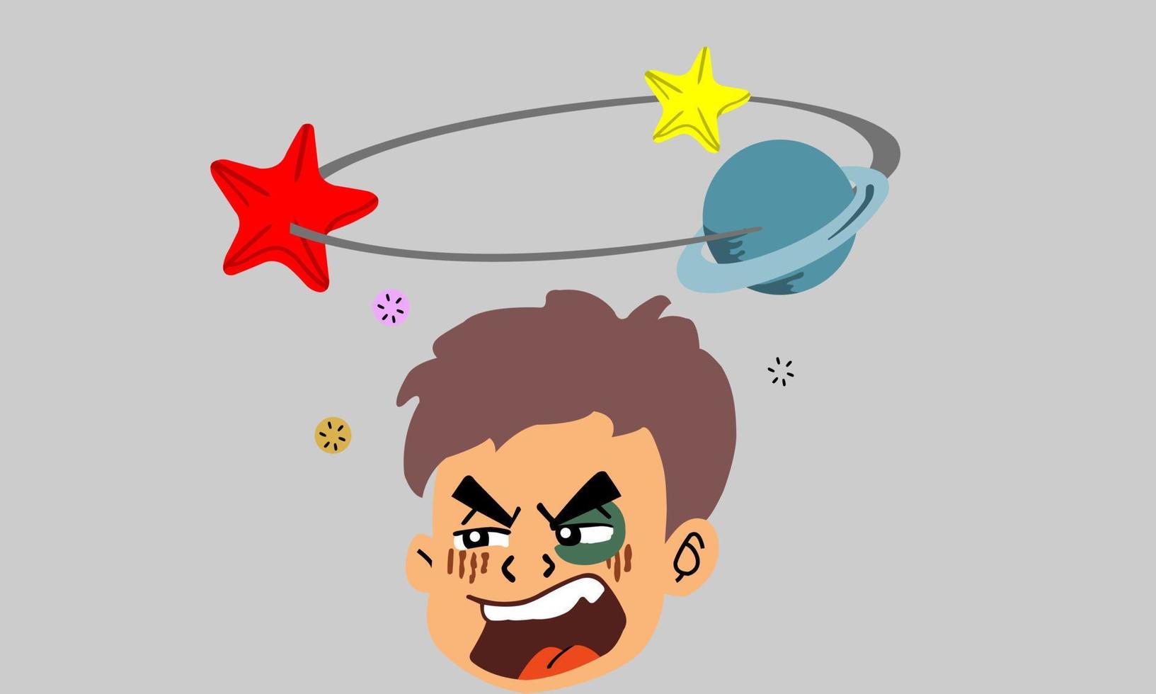 Being hurt around the eyes. Saw a star swirling around above his head. An angry face. vector