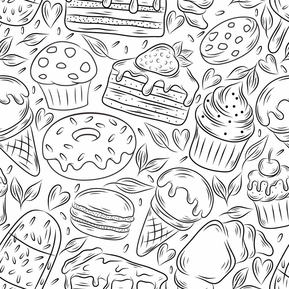 postre comida dibujado a mano doodle sin fisuras de fondo vector