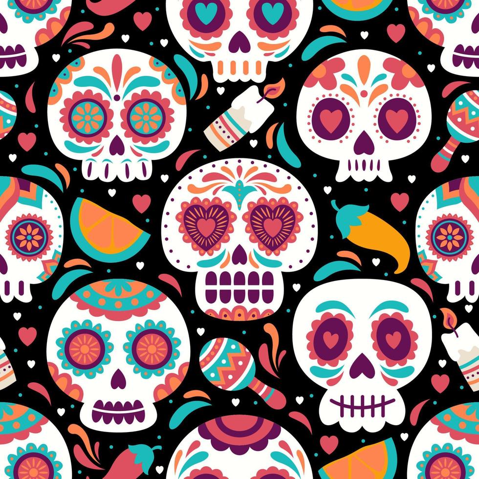 Calavera Sugar Skull Doodle Seamless Pattern vector