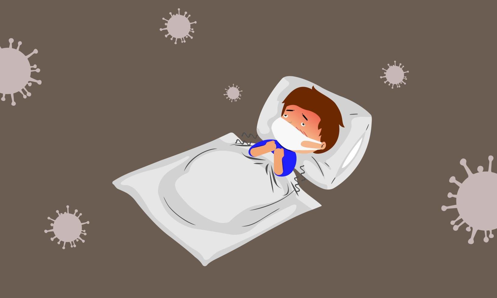 The man sleeps with pillows and blankets, fever, high temperature. People infected with the virus COVID 19. Wear a mask to prevent spreading. vector